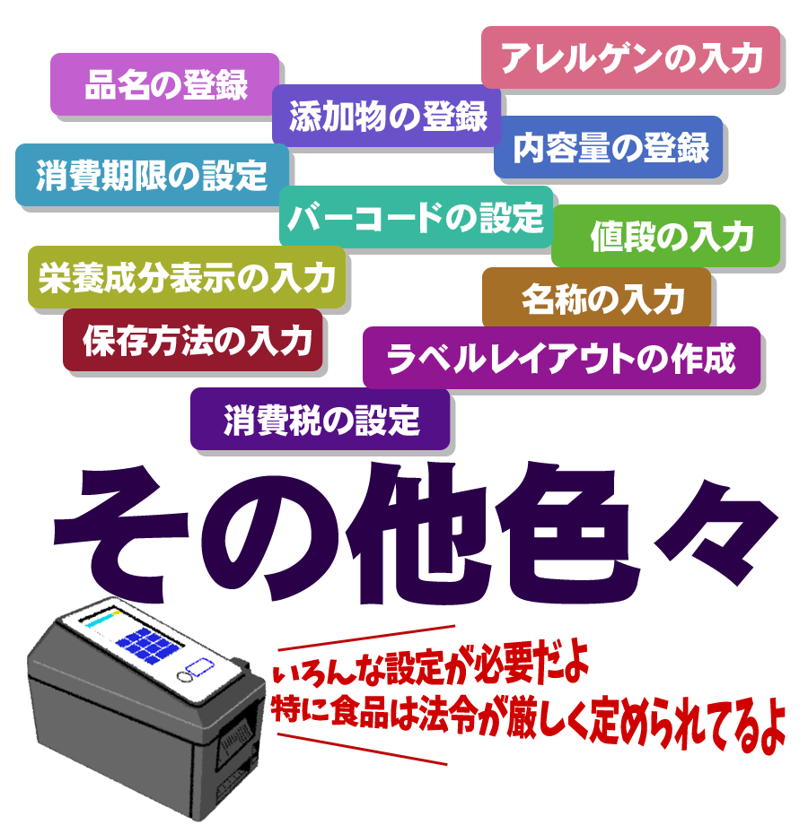 アレルゲンの入力、品名の登録、添加物の登録、内容量の登録、消費期限の設定、バーコードの設定、値段の入力、栄養成分表示の入力、名称の入力、、保存方法の入力。ラベルレイアウトの作成。、消費税の設定、その他色々。いろんな設定が必要だよ！特に食品は法令が厳しく定められてるよ！