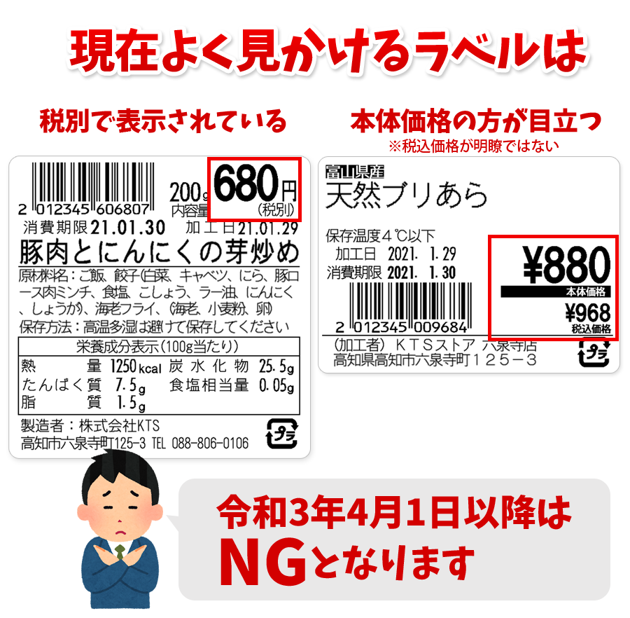 現在よく見かけるラベルは、税別で表示されている、本体価格の方が目立つ※税込価格が明瞭ではない。令和3年4月1日以降はNGとなります